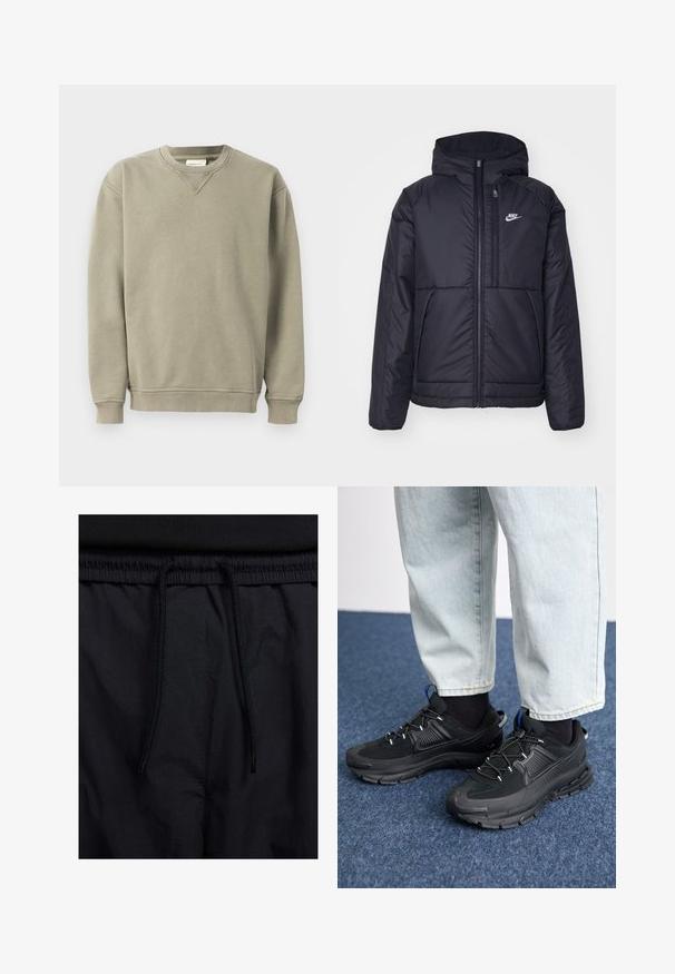 Giacca Nike nera, imbottita, con zip frontale e cappuccio. Presenta un logo bianco sul lato sinistro del petto e doppie tasche frontali. Texture esterna liscia.; Felpa color khaki realizzata in morbido misto cotone, con scollo rotondo, polsini a costine e una vestibilità rilassata con dettagli di cucitura discreti.; Shorts neri con vita regolabile tramite coulisse, tessuto leggero con una texture liscia e un design semplice senza loghi o motivi visibili.; Scarpe sportive nere con tessuto testurizzato e suole in gomma, dotate di lacci elastici e un accento blu sul tallone. Indossate con pantaloni in denim chiaro.