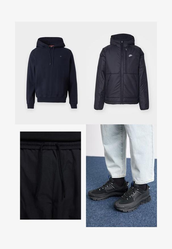 Black, padded Nike jacket with a front zipper and hood. Features a white logo on the left chest and dual front pockets. Smooth exterior texture.; Navy blue hooded sweatshirt with long sleeves, front drawstrings, ribbed cuffs and hem, and small logo on the chest.; Black shorts featuring a drawstring waistband, lightweight fabric with a smooth texture, and a simple design without visible logos or patterns.; Black athletic shoes with textured fabric and rubber soles, featuring elastic laces and a blue accent on the heel. Worn with light denim pants.
