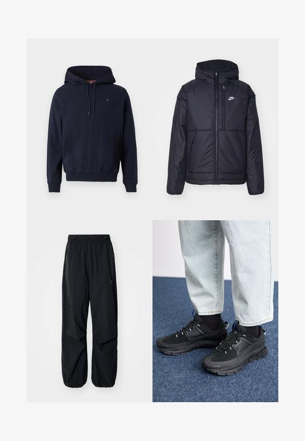 Černá zateplená bunda Nike s předním zipem a kapucí. Na levé straně hrudi má bílé logo a dvojité přední kapsy. Hladký povrch.; Námořnický modrý mikina s kapucí a dlouhými rukávy, přední šňůrky na stažení, elastické manžety a lem, a malé logo na hrudi.; Černé lehké cargo kalhoty s elastickým pasem, bočními zipy a prostornými kapsami. Mají volný střih a zúžené manžety.; Černé sportovní boty s texturovanou tkaninou a gumovou podrážkou, s elastickými tkaničkami a modrým akcentem na patě. Nosí se s světlými džíny.