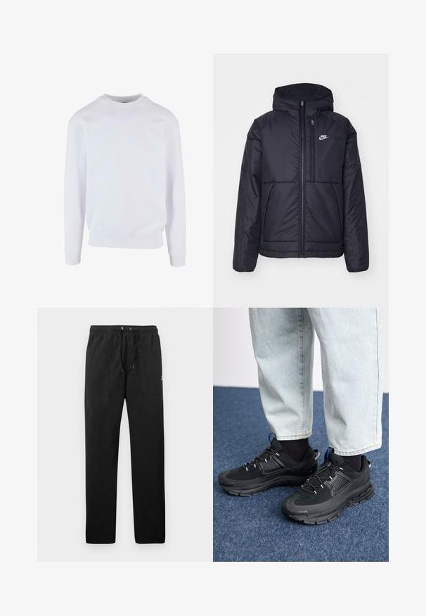 Črna, podložena Nike jakna z sprednjim zadrgo in kapuco. Ima bel logo na levem prsnem delu in dvojna sprednja žepa. Gladka zunanja tekstura.; Bela majica s kapuco z okroglim izrezom, rebrastimi manšetami in spodnjim robom ter preprostim dizajnom. Narejena iz mehkega, lahkega materiala.; Črne trenirke iz flisa, z elastičnim pasom in vrvico, dvema sprednjima žepoma ter majhnim logotipom na stegnu.; Črne športne čevlje z teksturirano tkanino in gumijastimi podplati, ki imajo elastične vezalke ter modre poudarke na peti. Nosi se z lahkimi denim hlačami.