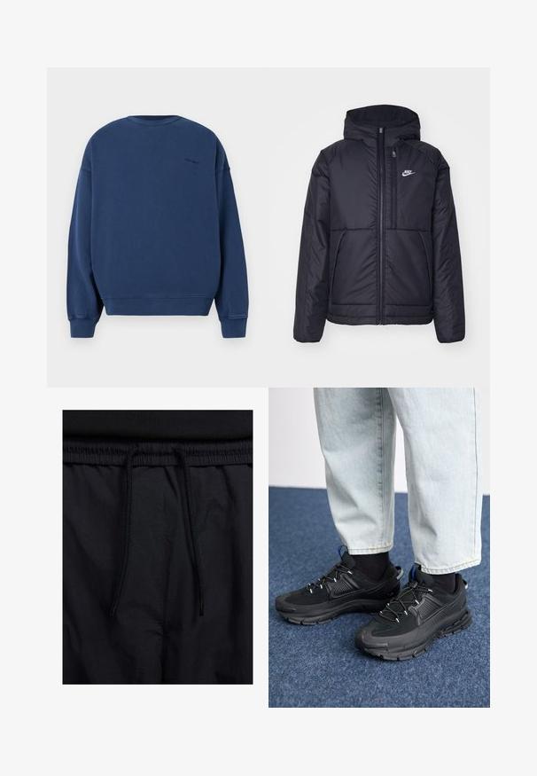 Casaco Nike preto, acolchoado, com fecho à frente e capuz. Apresenta um logo branco no lado esquerdo do peito e dois bolsos frontais. Textura exterior lisa.; Sweatshirt azul-marinho feito de tecido suave, com mangas longas, gola redonda e punhos e bainha canelados. Logo discreto nas costas.; Calções pretos com um cós elástico ajustável, fabricados em tecido leve com uma textura suave e um design simples, sem logótipos ou padrões visíveis.; Sapatilhas desportivas pretas com tecido texturizado e solas em borracha, apresentando atacadores elásticos e um detalhe azul no calcanhar. Usadas com calças de ganga claras.