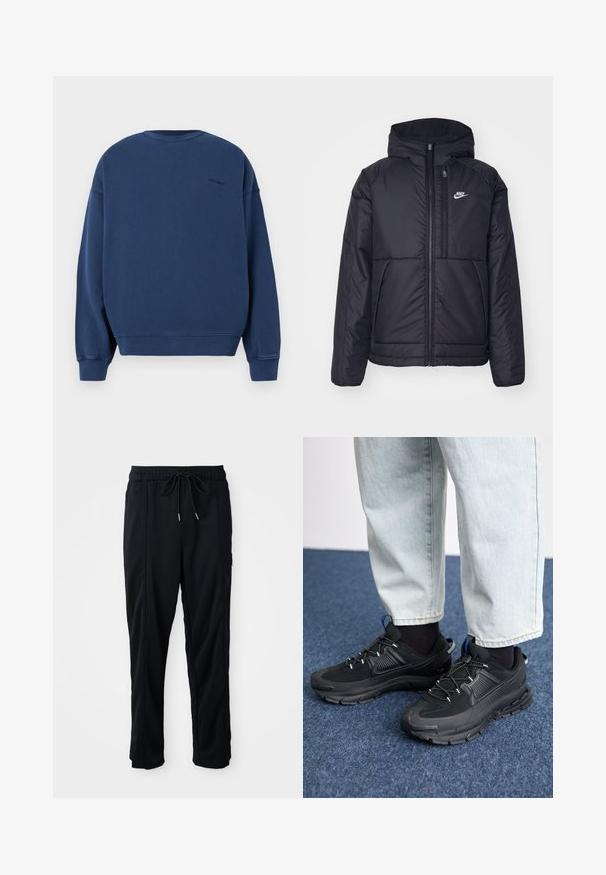 Schwarze, gepolsterte Nike-Jacke mit Frontreißverschluss und Kapuze. Hat ein weißes Logo auf der linken Brust und zwei Fronttaschen. Glattes äußeres Material.; Navyblaues Sweatshirt aus weichem Stoff, mit langen Ärmeln, Rundhalsausschnitt sowie gerippten Bündchen und Saum. Dezentes Logo auf der Rückseite.; Schwarze lässige Hosen mit Kordelzug und seitlichen Eingrifftaschen sowie geradem Bein auf einem einfarbigen Hintergrund.; Schwarze Sportschuhe aus strukturiertem Stoff mit Gummisohlen, ausgestattet mit elastischen Schnürsenkeln und einem blauen Akzent an der Ferse. Getragen mit hellen Jeans.