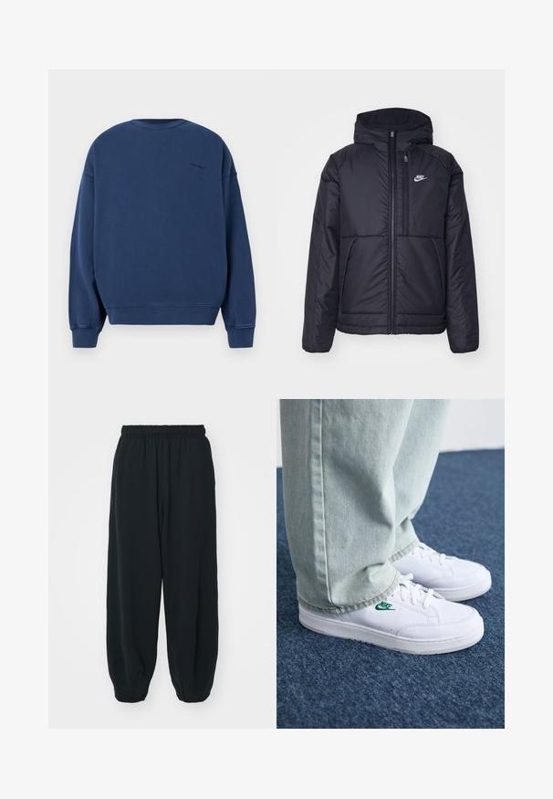 Juodas, paminkštintas Nike džemperis su priekyje užtrauktuku ir gobtuvu. Pasižymi balta logo kairėje krūtinės pusėje ir dviem priekinėmis kišenėmis. Su lygiu išoriniu paviršiumi.; Tamsiai mėlynas bliuzonas, pagamintas iš minkštos medžiagos, su ilgomis rankovėmis, apvaliu kaklu ir gipiūriniu apdaila ant rankovių ir apačios. Diskretus logotipas ant nugaros.; Juodi, su elastiniu juosmeniu sportiniai kelnės su laisvu siluetu, suapvalintais kulkšnimis, lygia tekstūra ir be matomų raštų ar metalinių akcentų.; Balti odiniai sportbačiai su žaliu Nike logotipu, apvalia nosimi, plokščiu padu, derinami su šviesiai mėlynomis džinsinėmis kelnėmis, rodomi ant mėlynos kiliminės dangos.