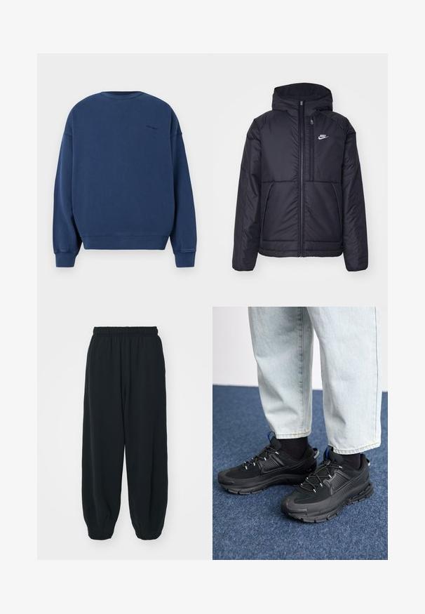 Musta, pehmustettu Nike-takki, jossa on etuvetoketju ja huppu. Vasemmassa rinnassa on valkoinen logo ja takissa on kaksinkertaiset etutaskut. Pintakoe on sileä.; Tummansininen collegepaita pehmeästä kankaasta, jossa on pitkät hihat, pyöreä kaula-aukko sekä resorit hihansuissa ja helmassa. Huomaamaton logo selässä.; Mustat, elastisella vyötäröllä varustetut collegehousut, joissa on löysä istuvuus, cuffattu lahje, sileä pinta ja ilman näkyviä kuvioita tai varusteita.; Mustat urheilukengät, joissa on teksturoitu kangas ja kumipohjat, elastiset nauhat ja sininen yksityiskohta kannassa. Yhdistetty vaaleisiin farkkuihin.