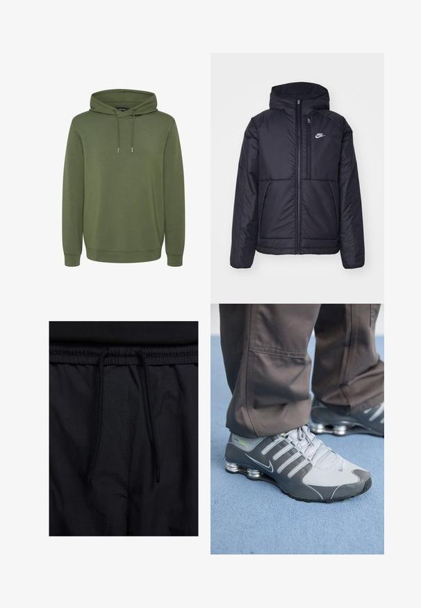 Svart, vadderad Nike-jacka med dragkedja framtill och huva. Har en vit logotyp på vänster bröst och dubbla framfickor. Slät yttextur.; Olivgrön huvtröja tillverkad av mjukt material, har en rymlig huva med dragsko, samt ribbad fåll och ärmar för en bekväm passform.; Svarta shorts med dragsko i midjan, lättviktig tyg med en slät yta och en enkel design utan synliga logotyper eller mönster.; Grå och silver Nike Shox-sneakers har en elegant design, med mesh och syntetiska material, en rund tå och en vadderad krage.
