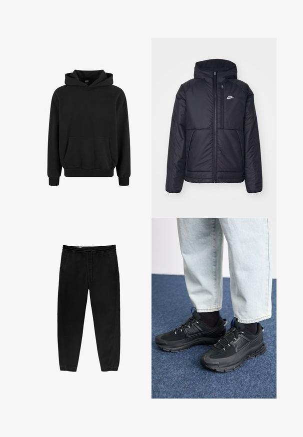 Černá zateplená bunda Nike s předním zipem a kapucí. Na levé straně hrudi má bílé logo a dvojité přední kapsy. Hladký povrch.; Černá mikina s klokaní kapsou, širokými rukávy a žebrovanými manžetami a dolním lemem. Vyrobena z měkké tkaniny s hladkým povrchem.; Černé kalhoty s elastickým pasem a stahovací šňůrkou, se zúženými nohavicemi, bočními kapsami a jemnými detaily bočního šití. Měkká textilie z bavlny.; Černé sportovní boty s texturovanou tkaninou a gumovou podrážkou, s elastickými tkaničkami a modrým akcentem na patě. Nosí se s světlými džíny.
