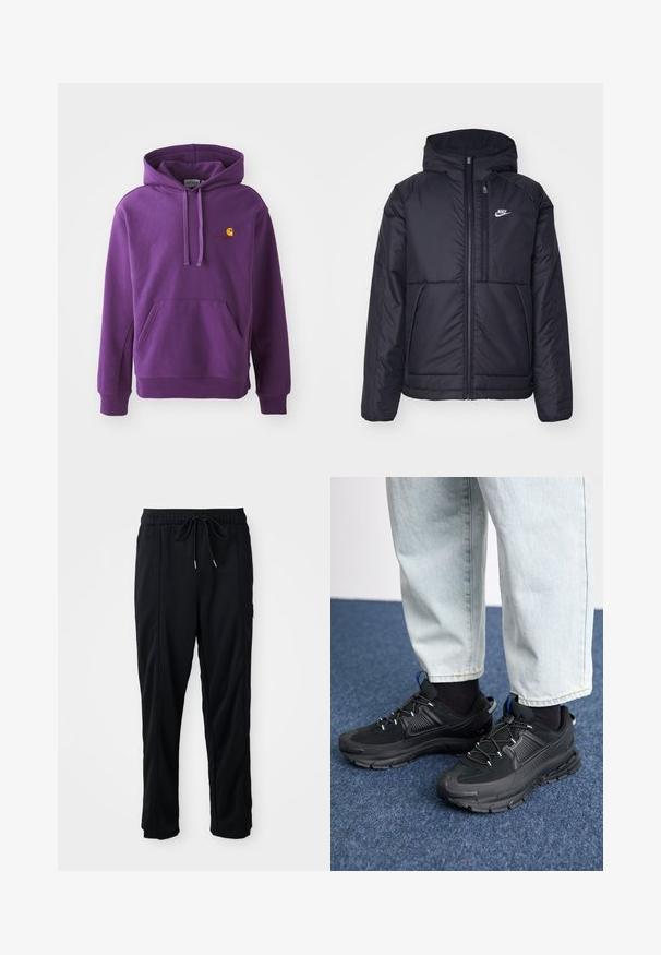 Black, padded Nike jacket with a front zipper and hood. Features a white logo on the left chest and dual front pockets. Smooth exterior texture.; Purple hooded sweatshirt with a front pocket and ribbed cuffs, featuring a small orange Carhartt logo on the chest. Soft fabric texture.; Black drawstring waist casual pants with side seam pockets and straight leg cut on a plain background.; Black athletic shoes with textured fabric and rubber soles, featuring elastic laces and a blue accent on the heel. Worn with light denim pants.