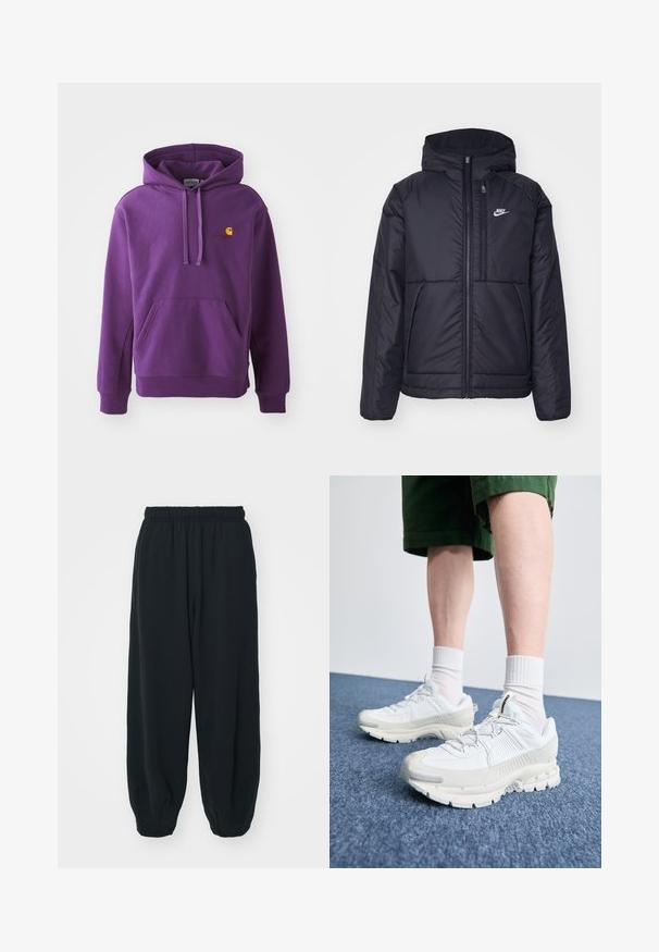 Black, padded Nike jacket with a front zipper and hood. Features a white logo on the left chest and dual front pockets. Smooth exterior texture.; Purple hooded sweatshirt with a front pocket and ribbed cuffs, featuring a small orange Carhartt logo on the chest. Soft fabric texture.; Black, elasticated-waist sweatpants with a loose fit, cuffed ankles, smooth texture, and no visible patterns or hardware accents.; White athletic shoes with textured overlays, a chunky sole, and gray accents. Worn with white crew socks and green shorts on a blue surface.