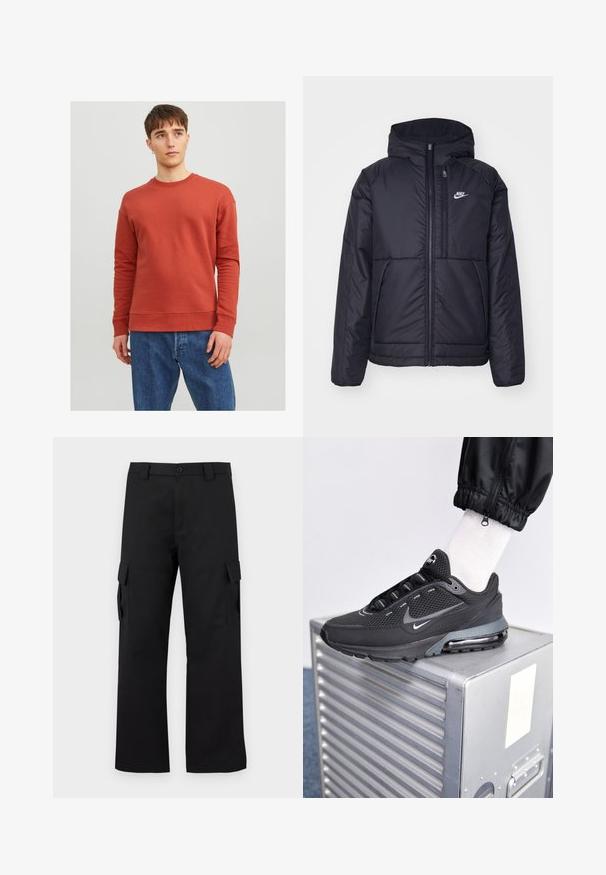 Černá zateplená bunda Nike s předním zipem a kapucí. Na levé straně hrudi má bílé logo a dvojité přední kapsy. Hladký povrch.; Jack & Jones JJESTAR BASIC CREW NECK - Mikina - cinnabar; Černé cargo kalhoty s rovnou nohavicí. Vyrobené z odolného materiálu, obsahují dvě boční kapsy se zapínáním na klopu a knoflíkový zip.; Nike Sportswear PULSE - Tenisky - black/anthracite