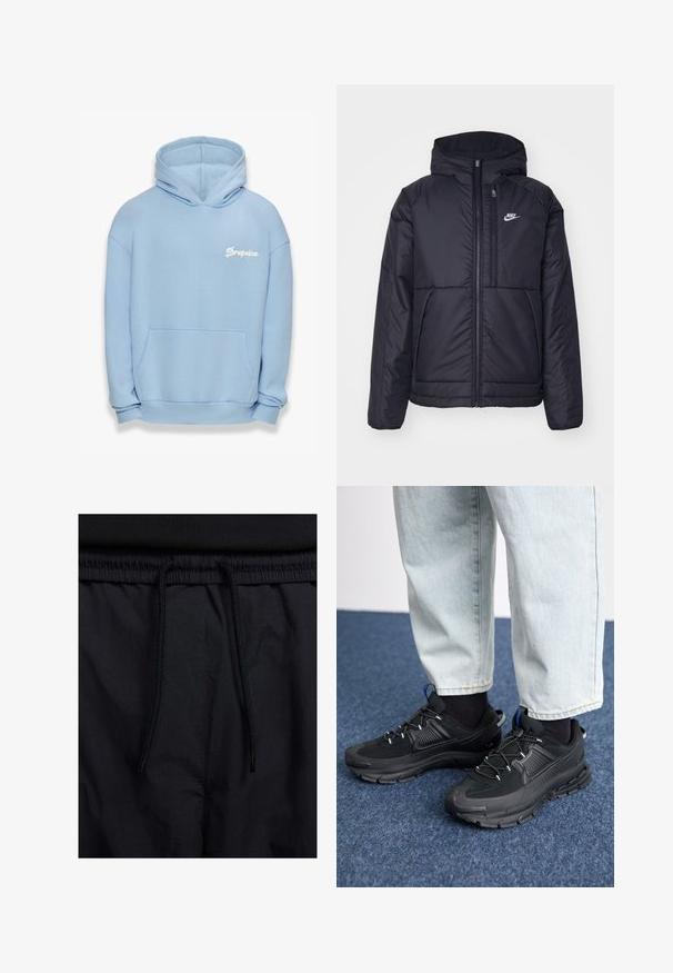 Černá zateplená bunda Nike s předním zipem a kapucí. Na levé straně hrudi má bílé logo a dvojité přední kapsy. Hladký povrch.; Světle modrá mikina s kapucí vyrobená z látky s jemnou texturou. Má přední kapsu, žebrovaný lem a bílé vyšívané logo "Dropsize".; Černé šortky s páskem na šňůrku, lehký materiál s hladkou texturou a jednoduchý design bez viditelných log nebo vzorů.; Černé sportovní boty s texturovanou tkaninou a gumovou podrážkou, s elastickými tkaničkami a modrým akcentem na patě. Nosí se s světlými džíny.