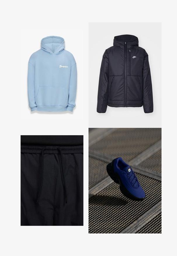 Giacca Nike nera, imbottita, con zip frontale e cappuccio. Presenta un logo bianco sul lato sinistro del petto e doppie tasche frontali. Texture esterna liscia.; Felpa blu chiaro realizzata in un tessuto dalla consistenza morbida. Presenta una tasca frontale, orlo a coste e un logo "Dropsize" ricamato in bianco.; Shorts neri con vita regolabile tramite coulisse, tessuto leggero con una texture liscia e un design semplice senza loghi o motivi visibili.; Scarpa sportiva blu con tomaia testurizzata, suola nera e lacci. Presenta il marchio "air" sulla linguetta e elementi di ammortizzazione dell'aria visibili.