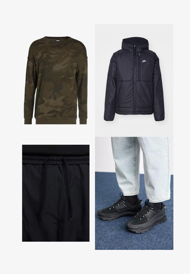 Chaqueta acolchada negra de Nike con cremallera frontal y capucha. Presenta un logo blanco en el lado izquierdo del pecho y dos bolsillos frontales. Textura exterior suave.; Jersey de camuflaje verde con mangas largas, escote redondo y puños acanalados. Fabricado en un tejido suave con varios patrones en tonos verdes y marrones.; Pantalones cortos negros con cinturilla ajustable, tejido ligero con una textura suave y un diseño sencillo sin logotipos visibles ni patrones.; Zapatillas deportivas negras con tejido texturizado y suelas de goma, con cordones elásticos y un acento azul en el talón. Combinadas con pantalones de mezclilla claros.