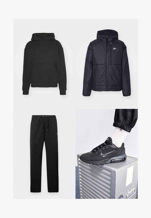 Giacca Nike nera, imbottita, con zip frontale e cappuccio. Presenta un logo bianco sul lato sinistro del petto e doppie tasche frontali. Texture esterna liscia.; Felpa nera con cappuccio, dotata di grande tasca frontale, polsini e orlo a coste. Realizzata in materiale morbido, presenta un design minimalista e senza motivi visibili.; Pantaloni sportivi neri in felpa, dotati di cintura elastica con cordini, due tasche anteriori e un piccolo logo sulla coscia.; Nike Sportswear PULSE - Sneakers basse - black/anthracite