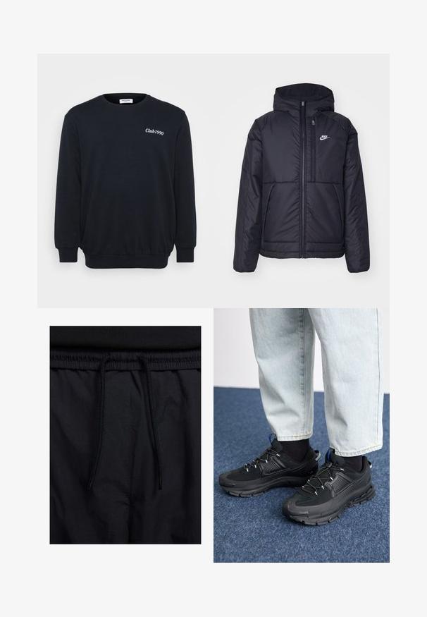 Giacca Nike nera, imbottita, con zip frontale e cappuccio. Presenta un logo bianco sul lato sinistro del petto e doppie tasche frontali. Texture esterna liscia.; Felpa nera con maniche lunghe, polsini e orlo a costine. Presenta la scritta bianca "Club1990" sul petto. Realizzata in un tessuto morbido e testurizzato.; Shorts neri con vita regolabile tramite coulisse, tessuto leggero con una texture liscia e un design semplice senza loghi o motivi visibili.; Scarpe sportive nere con tessuto testurizzato e suole in gomma, dotate di lacci elastici e un accento blu sul tallone. Indossate con pantaloni in denim chiaro.