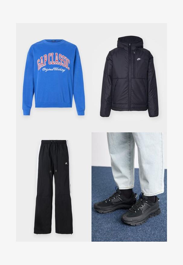 Casaco Nike preto, acolchoado, com fecho à frente e capuz. Apresenta um logo branco no lado esquerdo do peito e dois bolsos frontais. Textura exterior lisa.; Sweatshirt azul feito de uma mistura de algodão, com "GAP CLASSIC" em letras vermelhas e brancas na parte frontal. Design simples, com gola redonda.; Calças desportivas pretas com um cós elástico, riscas laterais brancas, bainhas com fecho éclair e um detalhe de logótipo emborrachado na frente.; Sapatilhas desportivas pretas com tecido texturizado e solas em borracha, apresentando atacadores elásticos e um detalhe azul no calcanhar. Usadas com calças de ganga claras.