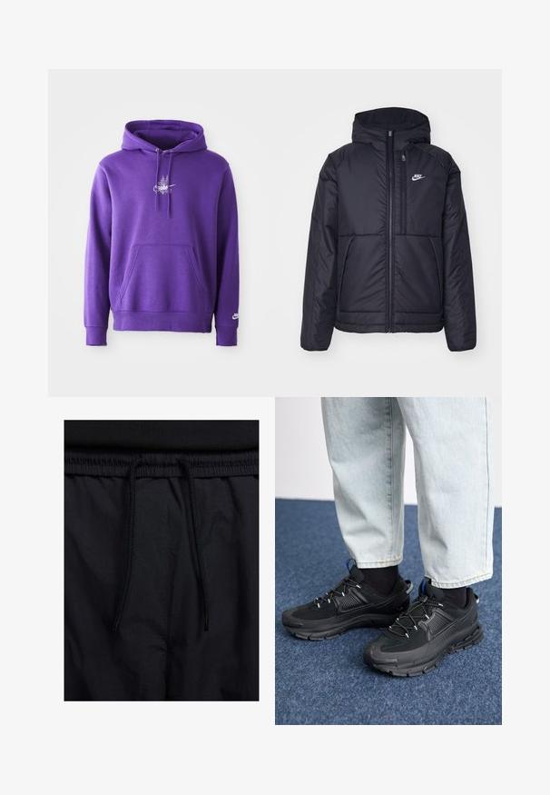 Giacca Nike nera, imbottita, con zip frontale e cappuccio. Presenta un logo bianco sul lato sinistro del petto e doppie tasche frontali. Texture esterna liscia.; Felpa viola realizzata in materiale morbido, con tasca frontale, cappuccio con cordino e logo bianco sul petto. Texture liscia.; Shorts neri con vita regolabile tramite coulisse, tessuto leggero con una texture liscia e un design semplice senza loghi o motivi visibili.; Scarpe sportive nere con tessuto testurizzato e suole in gomma, dotate di lacci elastici e un accento blu sul tallone. Indossate con pantaloni in denim chiaro.
