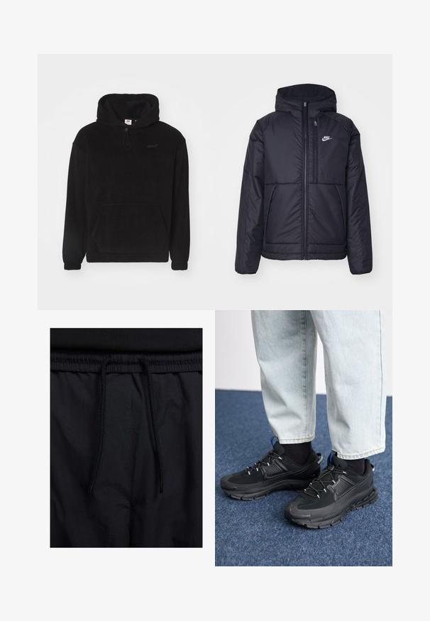 Črna, podložena Nike jakna z sprednjim zadrgo in kapuco. Ima bel logo na levem prsnem delu in dvojna sprednja žepa. Gladka zunanja tekstura.; Črna flis jopica s sprednjim žepom, kapuco na vrvico in rebrastimi manšetami. Ima diskreten logo na prsih. Mehak material.; Črne kratke hlače z vrvico v pasu, lahkotna tkanina z gladko teksturo in preprosto zasnovo brez vidnih logotipov ali vzorcev.; Črne športne čevlje z teksturirano tkanino in gumijastimi podplati, ki imajo elastične vezalke ter modre poudarke na peti. Nosi se z lahkimi denim hlačami.