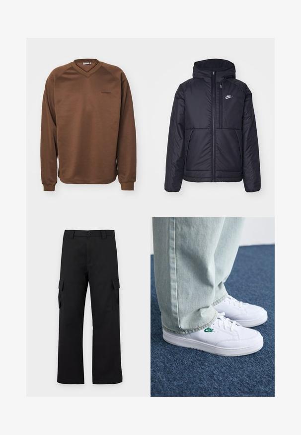Chaqueta acolchada negra de Nike con cremallera frontal y capucha. Presenta un logo blanco en el lado izquierdo del pecho y dos bolsillos frontales. Textura exterior suave.; Sudadera marrón con un diseño de escote en V, mangas raglán largas y puños de canalé. Presenta un sutil logo bordado en el pecho. Textura suave.; Pantalones cargo negros con un diseño de pierna recta. Fabricados con un tejido duradero, cuentan con dos bolsillos laterales con cierres de solapa y una cremallera de botón.; Zapatillas de cuero blanco con logo de Nike verde, puntera redonda, suela plana, combinadas con pantalones de mezclilla azul claro, sobre una alfombra azul.