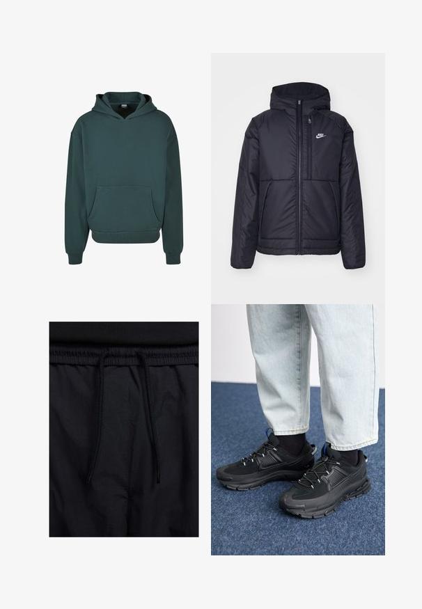 Chaqueta acolchada negra de Nike con cremallera frontal y capucha. Presenta un logo blanco en el lado izquierdo del pecho y dos bolsillos frontales. Textura exterior suave.; Sudadera verde hecha de tela suave, con un bolsillo tipo canguro, corte relajado, puños y dobladillo de canalé, y una capucha de doble capa.; Pantalones cortos negros con cinturilla ajustable, tejido ligero con una textura suave y un diseño sencillo sin logotipos visibles ni patrones.; Zapatillas deportivas negras con tejido texturizado y suelas de goma, con cordones elásticos y un acento azul en el talón. Combinadas con pantalones de mezclilla claros.