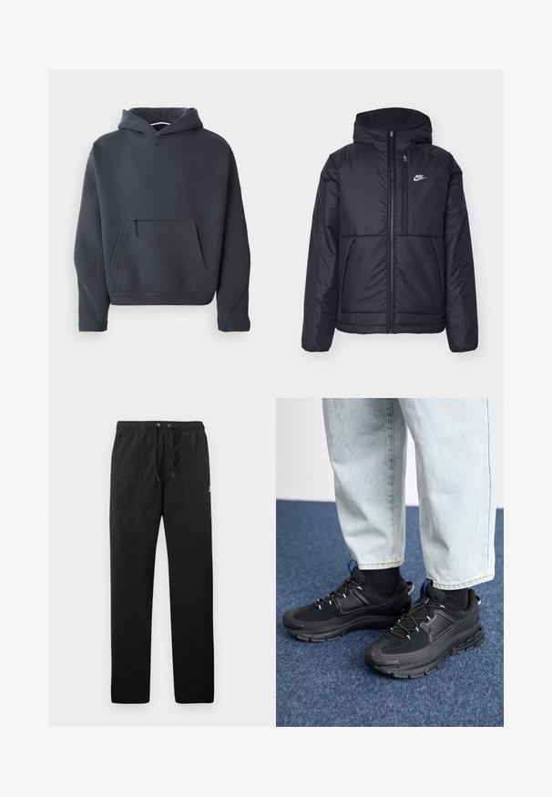 Svart, vadderad Nike-jacka med dragkedja framtill och huva. Har en vit logotyp på vänster bröst och dubbla framfickor. Slät yttextur.; Mörkgrå hoodies i mjukt tyg, med en framficka med dragkedja, ribbad mudd och en liten logotyp på bröstet.; Svarta sweatpants i fleece, med resårmidja och dragsko, två framfickor och en liten logotyp på låret.; Svarta sportskor med texturerat tyg och gummisulor, med elastiska snörningar och en blå detalj på hälen. Bärs med ljusa jeans.