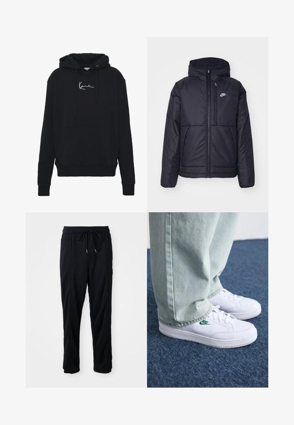 Must musta Nike jope, millel on ees lukuga avamine ja kapuuts. Vasakpoolne rind on kaunistatud valge logoga ning ees on kaks taskut. Sile välimine tekstuur.; Musta huppari pehmest kangast, millel on eesmine tasku, nöörid ja valge logo tikand rinnal. Klassikaline lõige ja soonikkoes varrukad.; Mustad nööridega vööga igapäevased mustad püksid, külgseamipocketid ja sirge sääre lõikega, ühtlasel taustal.; Valged nahast tennisetossud rohelise Nike logo ja ümarate varvastega, lamedate taldadega, koos helesiniste teksapükstega, esitatud sinisel vaibal.