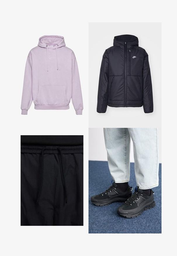 Chaqueta acolchada negra de Nike con cremallera frontal y capucha. Presenta un logo blanco en el lado izquierdo del pecho y dos bolsillos frontales. Textura exterior suave.; Sudadera de color púrpura claro con capucha ajustable, bolsillo frontal y un acento de logotipo blanco en el pecho. Fabricada con un material suave y texturizado.; Pantalones cortos negros con cinturilla ajustable, tejido ligero con una textura suave y un diseño sencillo sin logotipos visibles ni patrones.; Zapatillas deportivas negras con tejido texturizado y suelas de goma, con cordones elásticos y un acento azul en el talón. Combinadas con pantalones de mezclilla claros.