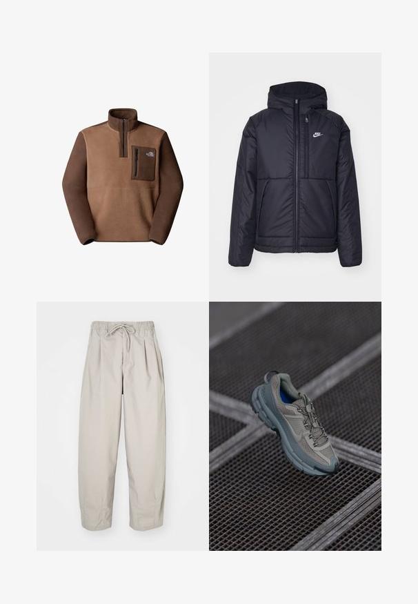 Fekete, párnázott Nike dzseki elülső cipzárral és kapucnival. A bal mellen fehér logó található, valamint két elülső zseb. Simának tűnő külső felület.; Barna árnyalatú polárpulóver, cipzáras nyakkal, mellzsebbel és a bal felső oldalon található The North Face logóval.; Beige, könnyű nadrág, rugalmas derékkal és zsinórral. Ráncokkal és laza szabással rendelkezik, puha, sima anyagból készült.; Beige és szürke sportcipő, texturált hálós felsőrésszel, kerek orral és gumitalppal, fűzőkkel és párnázott bokával.