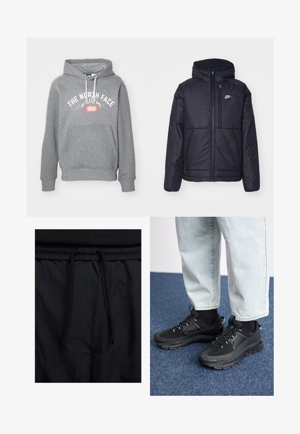 Czarna, pikowana kurtka Nike z przednim zamkiem błyskawicznym i kapturem. Posiada białe logo po lewej stronie klatki piersiowej oraz podwójne kieszenie z przodu. Gładka struktura zewnętrzna.; Szara bluza z kapturem wykonana z mieszanki bawełny, z przednią kieszenią typu kangur, białym logo oraz rokiem "1966" w intensywnym czerwonym kolorze. Zapięcie na sznurki.; Czarne szorty z elastycznym paskiem na sznurku, lekkiego materiału o gładkiej fakturze oraz prostym wzornictwie bez widocznych logo czy wzorów.; Czarne buty sportowe z teksturowanej tkaniny i gumowymi podeszwami, z elastycznymi sznurówkami i niebieskim akcentem na pięcie. Noszone z jasnymi dżinsami.