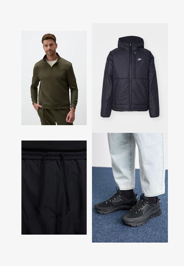 Schwarze, gepolsterte Nike-Jacke mit Frontreißverschluss und Kapuze. Hat ein weißes Logo auf der linken Brust und zwei Fronttaschen. Glattes äußeres Material.; Olivgrüner Sweatshirt mit einem halben Reißverschluss-Kragen, aus glattem Stoff gefertigt, mit langen Ärmeln und lockerer Passform. Auffällige Nähdetails.; Schwarze Shorts mit einem Kordelzugbund, leichtem Stoff mit glatter Textur und einem schlichten Design ohne sichtbare Logos oder Muster.; Schwarze Sportschuhe aus strukturiertem Stoff mit Gummisohlen, ausgestattet mit elastischen Schnürsenkeln und einem blauen Akzent an der Ferse. Getragen mit hellen Jeans.