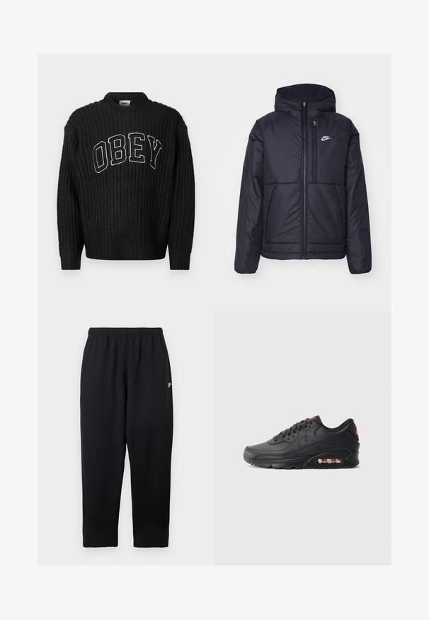 Black, padded Nike jacket with a front zipper and hood. Features a white logo on the left chest and dual front pockets. Smooth exterior texture.; Black knitted sweater with a round neckline, featuring "OBEY" in white embroidery across the chest. Textured pattern throughout.; Black sweatpants with an elastic waistband, featuring a small white logo on the left side. Made of soft, lightweight fabric. Straight-leg design.; Nike Air Max 90 sneakers featuring a black synthetic upper, textured finish, lace-up front, visible air unit, and orange accent logo.