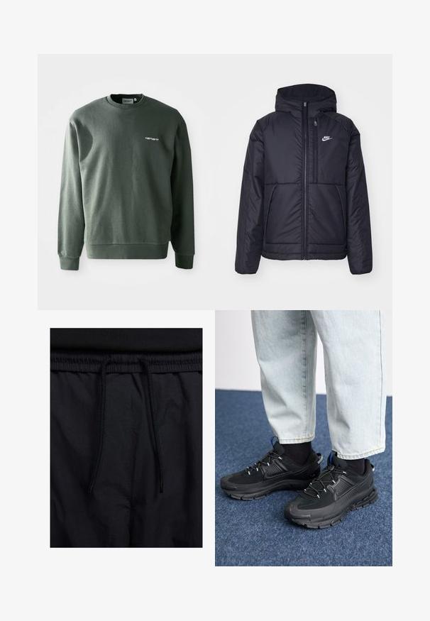 Černá zateplená bunda Nike s předním zipem a kapucí. Na levé straně hrudi má bílé logo a dvojité přední kapsy. Hladký povrch.; Tmavě zelená mikina vyrobená z bavlněné směsi, s klasickým kulatým výstřihem, žebrovanými manžetami a malým bílým logem na levém prsou.; Černé šortky s páskem na šňůrku, lehký materiál s hladkou texturou a jednoduchý design bez viditelných log nebo vzorů.; Černé sportovní boty s texturovanou tkaninou a gumovou podrážkou, s elastickými tkaničkami a modrým akcentem na patě. Nosí se s světlými džíny.