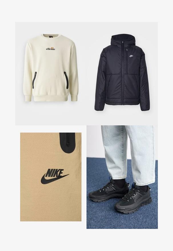 Casaco Nike preto, acolchoado, com fecho à frente e capuz. Apresenta um logo branco no lado esquerdo do peito e dois bolsos frontais. Textura exterior lisa.; Sweatshirt de cor crème com decote redondo, apresentando um logo no peito e dois bolsos laterais com fecho de correr pretos. Textura de tecido suave.; Tecido em bege da Nike com uma textura suave, apresentando um design de logótipo preto em destaque. Inclui um pequeno fecho éclair preto na parte superior.; Sapatilhas desportivas pretas com tecido texturizado e solas em borracha, apresentando atacadores elásticos e um detalhe azul no calcanhar. Usadas com calças de ganga claras.