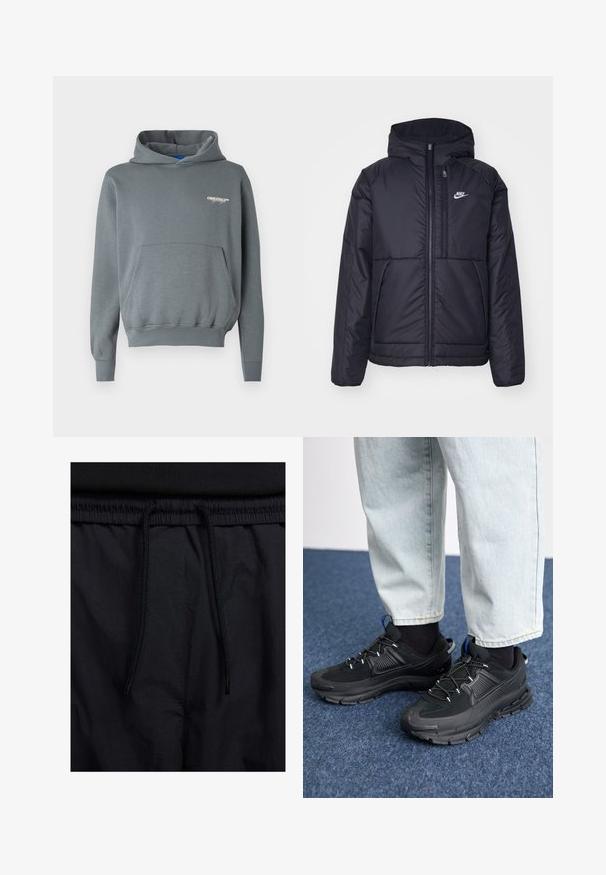 Črna, podložena Nike jakna z sprednjim zadrgo in kapuco. Ima bel logo na levem prsnem delu in dvojna sprednja žepa. Gladka zunanja tekstura.; Sivkasta flis kapa s sprednjim žepom, kapuco s vrvico, rebrastimi manšetami in malim belim logotipom na levem prsnem delu. Gladka tekstura.; Črne kratke hlače z vrvico v pasu, lahkotna tkanina z gladko teksturo in preprosto zasnovo brez vidnih logotipov ali vzorcev.; Črne športne čevlje z teksturirano tkanino in gumijastimi podplati, ki imajo elastične vezalke ter modre poudarke na peti. Nosi se z lahkimi denim hlačami.