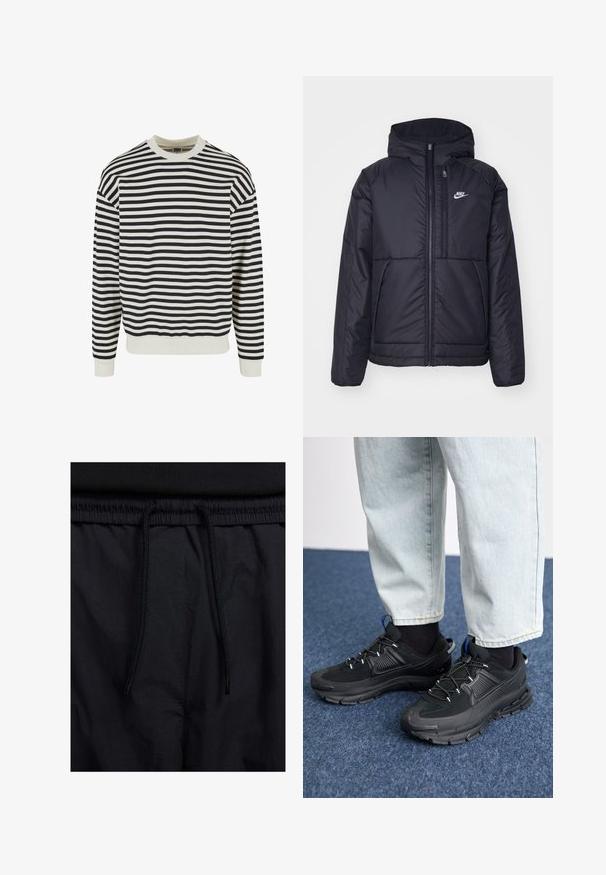 Black, padded Nike jacket with a front zipper and hood. Features a white logo on the left chest and dual front pockets. Smooth exterior texture.; Black and white striped sweatshirt with a round neckline and ribbed cuffs. Made from soft fabric, it features horizontal stripes in even spacing.; Black shorts featuring a drawstring waistband, lightweight fabric with a smooth texture, and a simple design without visible logos or patterns.; Black athletic shoes with textured fabric and rubber soles, featuring elastic laces and a blue accent on the heel. Worn with light denim pants.