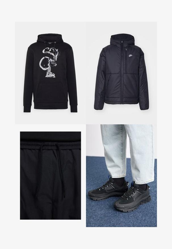 Casaco Nike preto, acolchoado, com fecho à frente e capuz. Apresenta um logo branco no lado esquerdo do peito e dois bolsos frontais. Textura exterior lisa.; CLOSURE London SMOKING SKULL HOODY - Camisola - black; Calções pretos com um cós elástico ajustável, fabricados em tecido leve com uma textura suave e um design simples, sem logótipos ou padrões visíveis.; Sapatilhas desportivas pretas com tecido texturizado e solas em borracha, apresentando atacadores elásticos e um detalhe azul no calcanhar. Usadas com calças de ganga claras.