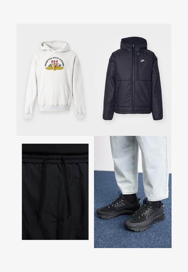 Schwarze, gepolsterte Nike-Jacke mit Frontreißverschluss und Kapuze. Hat ein weißes Logo auf der linken Brust und zwei Fronttaschen. Glattes äußeres Material.; Grauer Kapuzenpullover aus weicher Baumwollmischung. Mit einer Fronttasche, gerippten Bündchen und einem bunten Logo des Indianapolis Motor Speedway auf der Brust.; Schwarze Shorts mit einem Kordelzugbund, leichtem Stoff mit glatter Textur und einem schlichten Design ohne sichtbare Logos oder Muster.; Schwarze Sportschuhe aus strukturiertem Stoff mit Gummisohlen, ausgestattet mit elastischen Schnürsenkeln und einem blauen Akzent an der Ferse. Getragen mit hellen Jeans.
