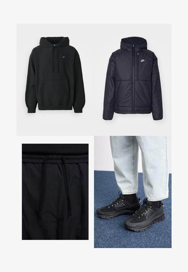 Casaco Nike preto, acolchoado, com fecho à frente e capuz. Apresenta um logo branco no lado esquerdo do peito e dois bolsos frontais. Textura exterior lisa.; Hoodie preto da Nike com bolso frontal, capuz com cordão, punhos canelados e pequeno logo da swoosh branca da Nike no peito.; Calções pretos com um cós elástico ajustável, fabricados em tecido leve com uma textura suave e um design simples, sem logótipos ou padrões visíveis.; Sapatilhas desportivas pretas com tecido texturizado e solas em borracha, apresentando atacadores elásticos e um detalhe azul no calcanhar. Usadas com calças de ganga claras.