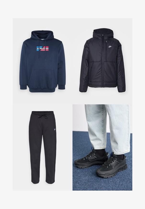 Sort, polstret Nike-jakke med frontlynlås og hætte. Har et hvidt logo på venstre bryst og to frontlommer. Glat ydre tekstur.; Marineblå hættetrøje, lavet af bomuldsblanding, med kengurulomme, prydet med hvidt og farverigt logo "JACK&JONES" på brystet.; Sorte sweatpants lavet af blødt stof med elastisk talje, snøre og et lille Nike-logo på venstre lår.; Sorte træningssko med tekstureret stof og gummisåler, udstyret med elastiske snørebånd og en blå detalje på hælen. Bæres med lyse denimbukser.