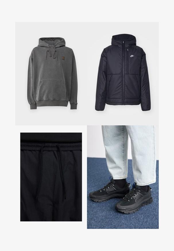 Casaco Nike preto, acolchoado, com fecho à frente e capuz. Apresenta um logo branco no lado esquerdo do peito e dois bolsos frontais. Textura exterior lisa.; Sweatshirt cinza com um bolso frontal, cordões ajustáveis e um pequeno emblema. Textura suave e corte descontraído, com punhos e bainha canelados.; Calções pretos com um cós elástico ajustável, fabricados em tecido leve com uma textura suave e um design simples, sem logótipos ou padrões visíveis.; Sapatilhas desportivas pretas com tecido texturizado e solas em borracha, apresentando atacadores elásticos e um detalhe azul no calcanhar. Usadas com calças de ganga claras.