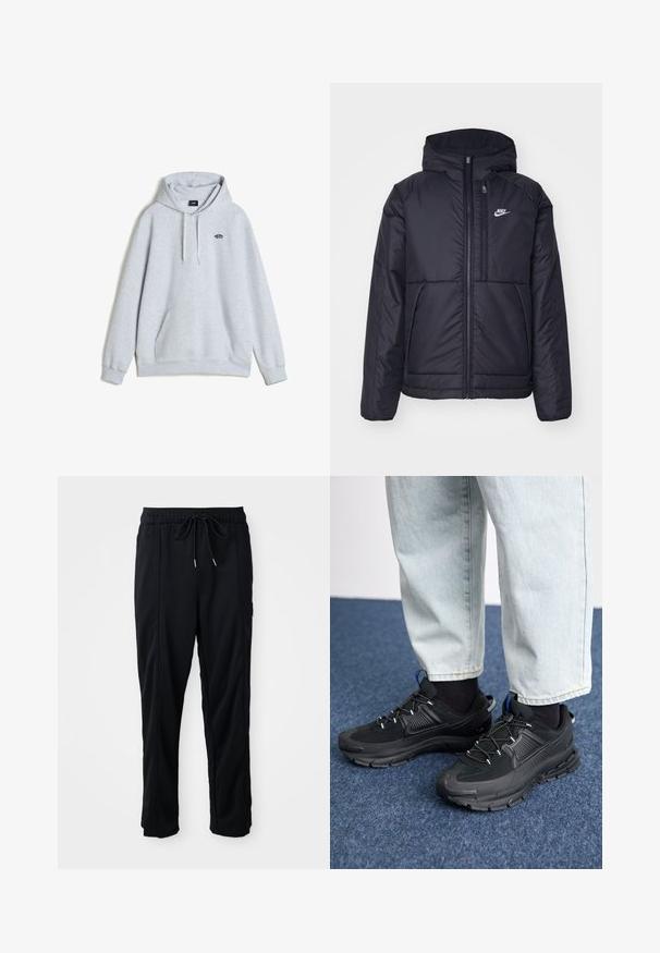 Giacca Nike nera, imbottita, con zip frontale e cappuccio. Presenta un logo bianco sul lato sinistro del petto e doppie tasche frontali. Texture esterna liscia.; Vans STYLE LOOSE FIT - Felpa con cappuccio - light grey; Pantaloni casual neri con elastico in vita, tasche laterali e taglio dritto su uno sfondo uniforme.; Scarpe sportive nere con tessuto testurizzato e suole in gomma, dotate di lacci elastici e un accento blu sul tallone. Indossate con pantaloni in denim chiaro.
