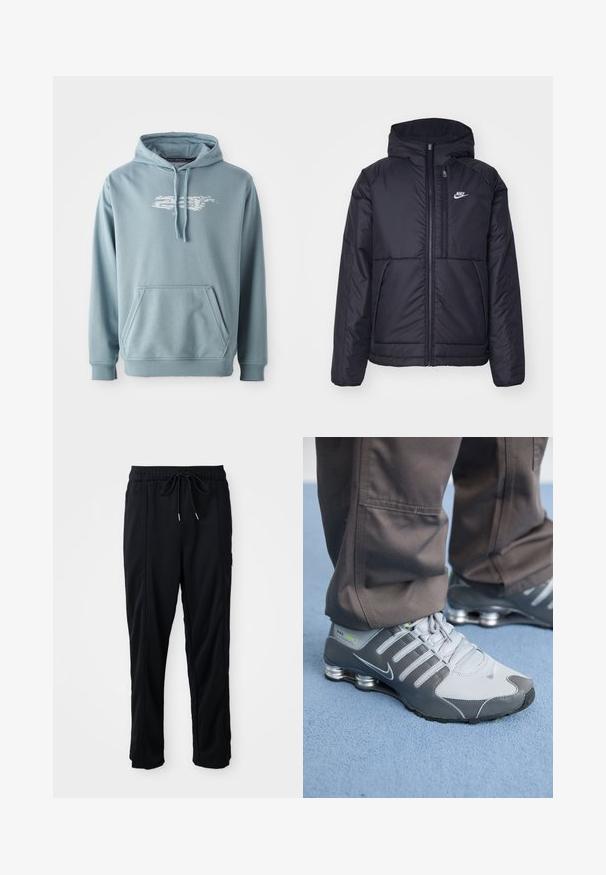 Juodas, paminkštintas Nike džemperis su priekyje užtrauktuku ir gobtuvu. Pasižymi balta logo kairėje krūtinės pusėje ir dviem priekinėmis kišenėmis. Su lygiu išoriniu paviršiumi.; Šviesiai mėlyna džemperis su kapišonu, pagamintas iš minkštos medvilnės mišinio, turintis priekinę kišenę, raištelių kapišoną ir baltą logotipo grafiką krūtinėje.; Juodos laisvos kelnės su raišteliu liemens, šoninėmis kišenėmis ir tiesiu kirpimu ant vienodos fono.; Pilki ir sidabriniai Nike Shox sportiniai bateliai pasižymi elegantišku dizainu, pagaminti iš tinklinės ir sintetinės medžiagos, turi apvalų pirštą ir paminkštintą apykaklę.