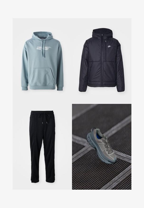 Fekete, párnázott Nike dzseki elülső cipzárral és kapucnival. A bal mellen fehér logó található, valamint két elülső zseb. Simának tűnő külső felület.; Világoskék kapucnis pulóver, puha pamut keverékből készült, elöl zsebével, húzózsinóros kapucnival, és egy fehér logó grafikával a mellkasán.; Fekete húzózsinóros, kényelmes nadrág oldalsó varrású zsebekkel és egyenes szabással, egyszínű háttéren.; Beige és szürke sportcipő, texturált hálós felsőrésszel, kerek orral és gumitalppal, fűzőkkel és párnázott bokával.