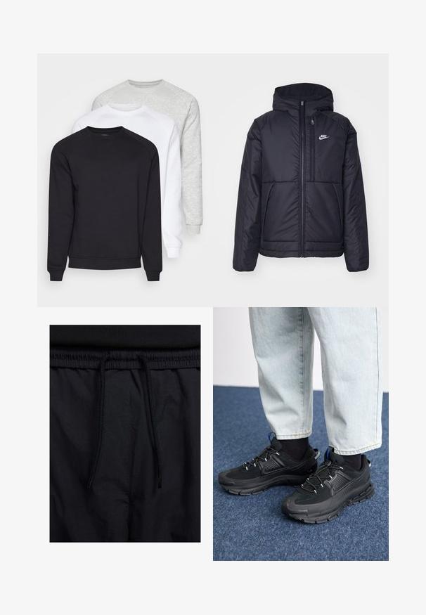 Svart, polstret Nike-jakke med frontglidelås og hette. Har en hvit logo på venstre bryst og doble frontlommer. Glatt ytterside.; Tre crewneck sweatshirts i svart, hvit og lys grå. De har lange ermer, ribbestrikkede mansjetter og myk, teksturert stoff.; Sorte shorts med snor i livet, lett stoff med en jevn tekstur, og et enkelt design uten synlige logoer eller mønstre.; Svarte sportssko med teksturert stoff og gummisåler, med elastiske lisser og en blå detalj på hælen. Brukt med lyse denimbukser.