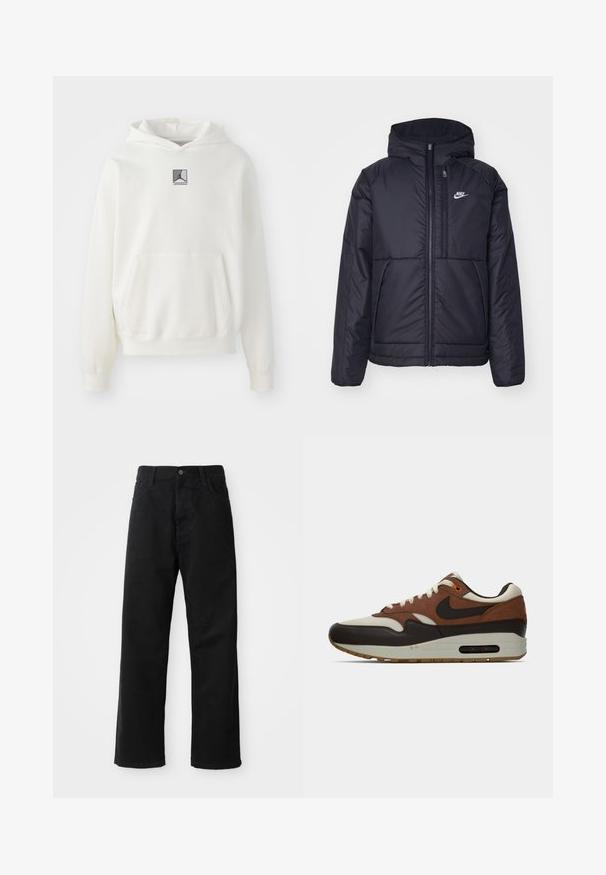 Črna, podložena Nike jakna z sprednjim zadrgo in kapuco. Ima bel logo na levem prsnem delu in dvojna sprednja žepa. Gladka zunanja tekstura.; Bela kapuca sivi pulover, narejen iz mehkega blaga. Ima osrednji sprednji žep in sivo logotipno nalepko na prsih. Ohlapen kroj z rebrastimi manšetami.; Črni kavbojki z ravnim krojem, ki imajo sprednje žepke, zadrgo in en zgornji gumb. Teksturovan material z mat zaključkom.; Rjave, kremne in črne Nike Air Max športne copate z vidnim zračnim blazinicami in vezalnim dizajnom, prikazane v bočnem profilu na beli podlagi.