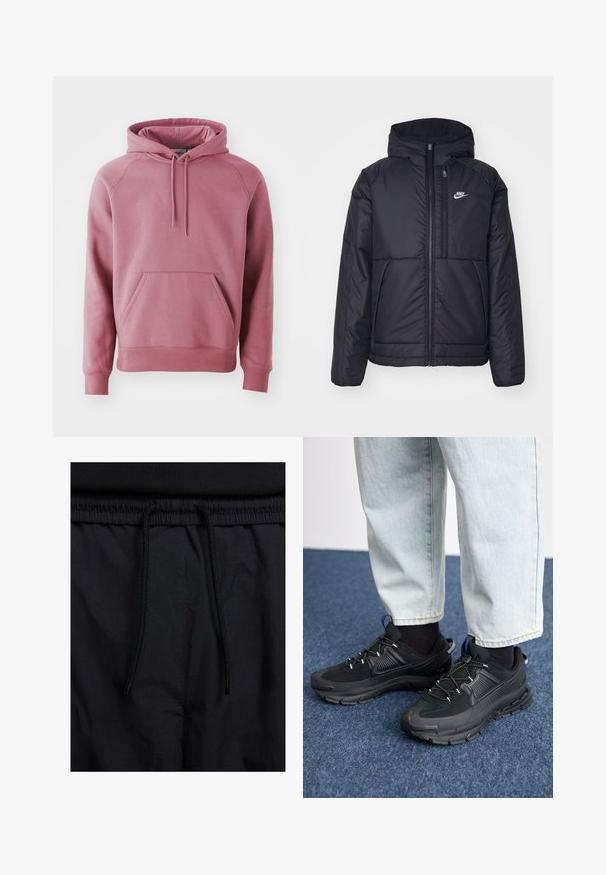Čierna, polstrovaná bunda Nike so zipsom vpredu a kapucňou. Na ľavej strane hrude sa nachádza biele logo a sú tu dva predné vrecká. Hladký vonkajší povrch.; Ružová mikina s predným kloktaním, rebrovanými manžetami a lemom. Obsahuje kapucu so šnúrkami a hladký textilný povrch.; Čierne šortky s pásom na stiahnutie, z ľahkej látky s hladkou textúrou a jednoduchým dizajnom bez viditeľných log alebo vzorov.; Čierne športové topánky s textúrovanou tkaninou a gumovou podrážkou, so elastickými šnúrkami a modrým akcentom na päte. Nosia sa s svetlými riflami.
