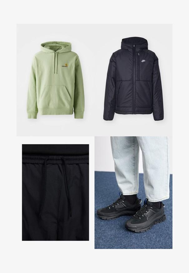 Melna, pufota Nike jaka ar priekšējo rāvējslēdzēju un kapuci. Iezīmēta ar baltu logotipu uz kreisās krūtis un divām priekšējām kabatām. Gluda ārējā tekstūra.; Gaiši zaļš kapuces džemperis, izgatavots no mīksta auduma, ar kangaroo kabatu, aukliņu kapuci un mazu izšūtu logo uz krūtīm.; Melni šorti ar sašūtu jostu, viegls audums ar gludu tekstūru un vienkāršs dizains bez redzamiem logotipiem vai paraugiem.; Melni sporta apavi ar strukturētu audumu un gumijas zoli, ar elastīgām auklām un zilu akcentu uz papēža. Nēsāti ar gaišām džinsu biksēm.