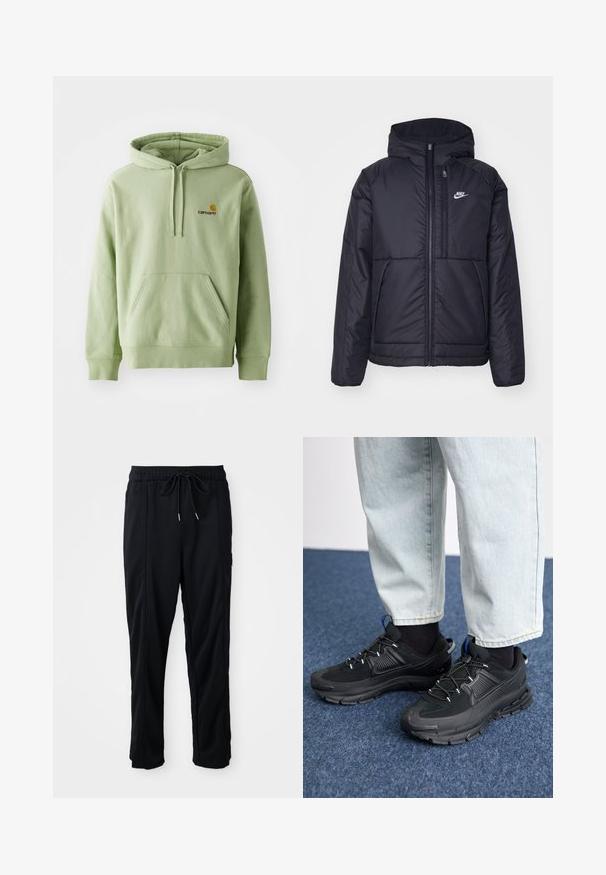 Svart, polstret Nike-jakke med frontglidelås og hette. Har en hvit logo på venstre bryst og doble frontlommer. Glatt ytterside.; Lys grønn hettegenser laget av mykt stoff, med kengurulomme, snor i hetta og en liten brodert logo på brystet.; Svarte casual bukser med strikk i livet, sidelommer og rett bein på en ensfarget bakgrunn.; Svarte sportssko med teksturert stoff og gummisåler, med elastiske lisser og en blå detalj på hælen. Brukt med lyse denimbukser.