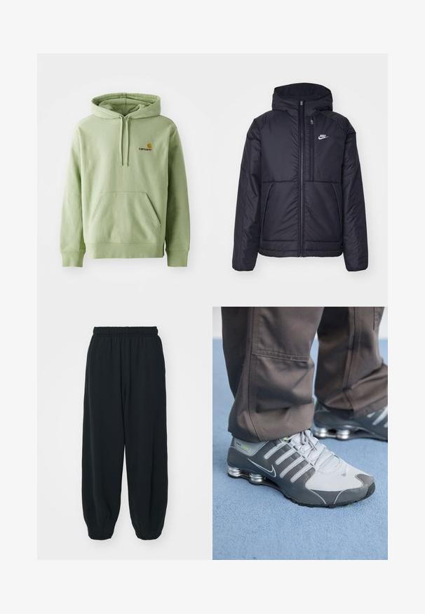 Juodas, paminkštintas Nike džemperis su priekyje užtrauktuku ir gobtuvu. Pasižymi balta logo kairėje krūtinės pusėje ir dviem priekinėmis kišenėmis. Su lygiu išoriniu paviršiumi.; Šviesiai žalias purus džemperis su gobtuvu, pagamintas iš minkštos medžiagos, turintis kengūrinį kišenę, stringą ant gobtuvo ir mažą išsiuvinėtą logotipą ant krūtinės.; Juodi, su elastiniu juosmeniu sportiniai kelnės su laisvu siluetu, suapvalintais kulkšnimis, lygia tekstūra ir be matomų raštų ar metalinių akcentų.; Pilki ir sidabriniai Nike Shox sportiniai bateliai pasižymi elegantišku dizainu, pagaminti iš tinklinės ir sintetinės medžiagos, turi apvalų pirštą ir paminkštintą apykaklę.