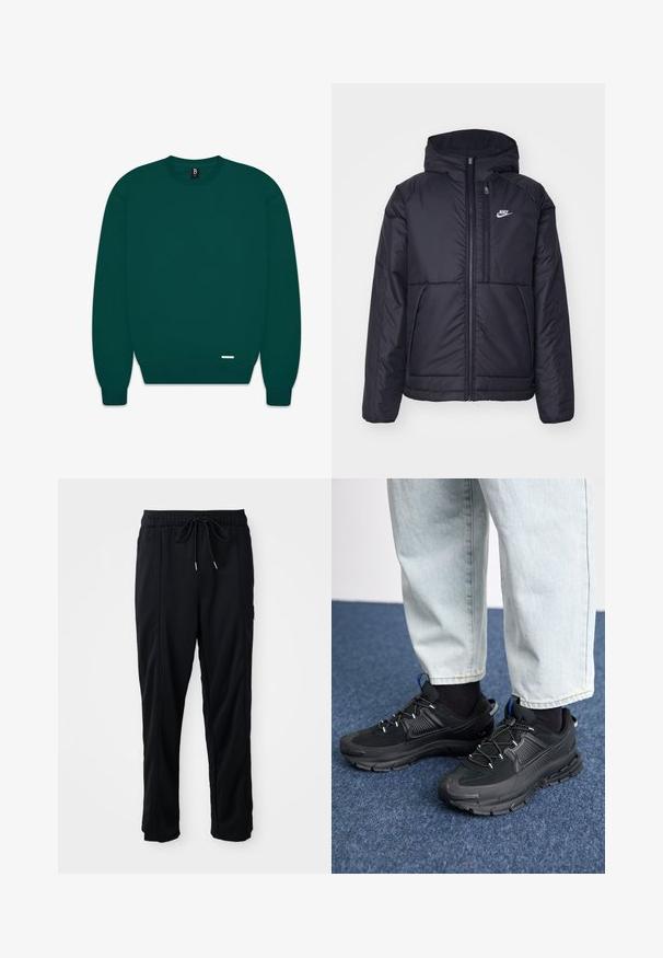 Giacca Nike nera, imbottita, con zip frontale e cappuccio. Presenta un logo bianco sul lato sinistro del petto e doppie tasche frontali. Texture esterna liscia.; Felpa girocollo verde scuro, in misto cotone, con polsini e orlo a coste, design minimalista con una piccola etichetta del logo in basso a sinistra.; Pantaloni casual neri con elastico in vita, tasche laterali e taglio dritto su uno sfondo uniforme.; Scarpe sportive nere con tessuto testurizzato e suole in gomma, dotate di lacci elastici e un accento blu sul tallone. Indossate con pantaloni in denim chiaro.
