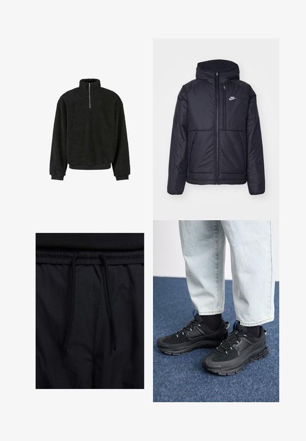 Zwarte, gewatteerde Nike-jas met een voorkant met ritssluiting en capuchon. Kenmerkt zich door een wit logo op de linkerborst en dubbele frontzakken. Gladde buitenkant.; Zwarte fleece pullover met hoge kraag, half-ritssluiting, gestructureerde stof en geribde manchetten en zoom. Gezellig en casual ontwerp.; Zwarte shorts met een drawstring tailleband, lichtgewicht stof met een zachte textuur en een eenvoudig ontwerp zonder zichtbare logo's of patronen.; Zwarte sportschoenen met gestructureerde stof en rubberen zolen, met elastische veters en een blauwe accent op de hiel. Draag samen met lichte spijkerbroeken.